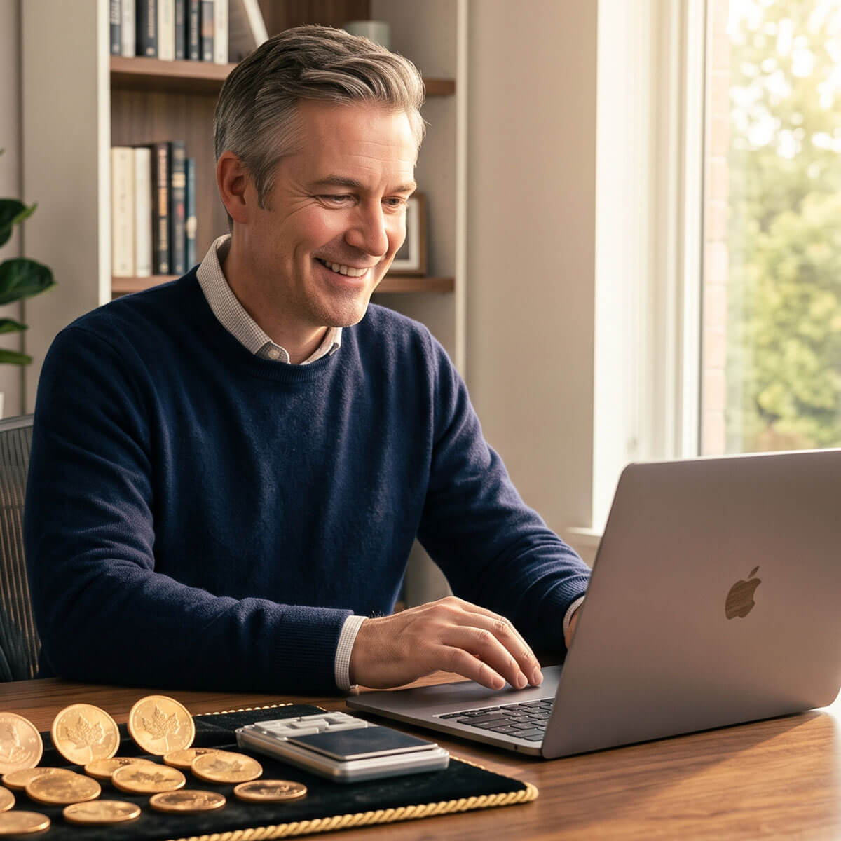 Anlagegold verkaufen: Mann verkauft Goldmünzen mit Laptop online von zu Hause aus.