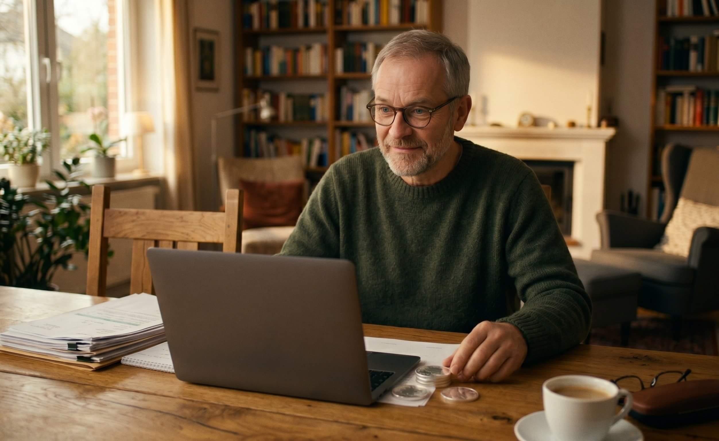 Feinsilber verkaufen: Mann verkauft Feinsilber mit Laptop online von zu Hause aus.