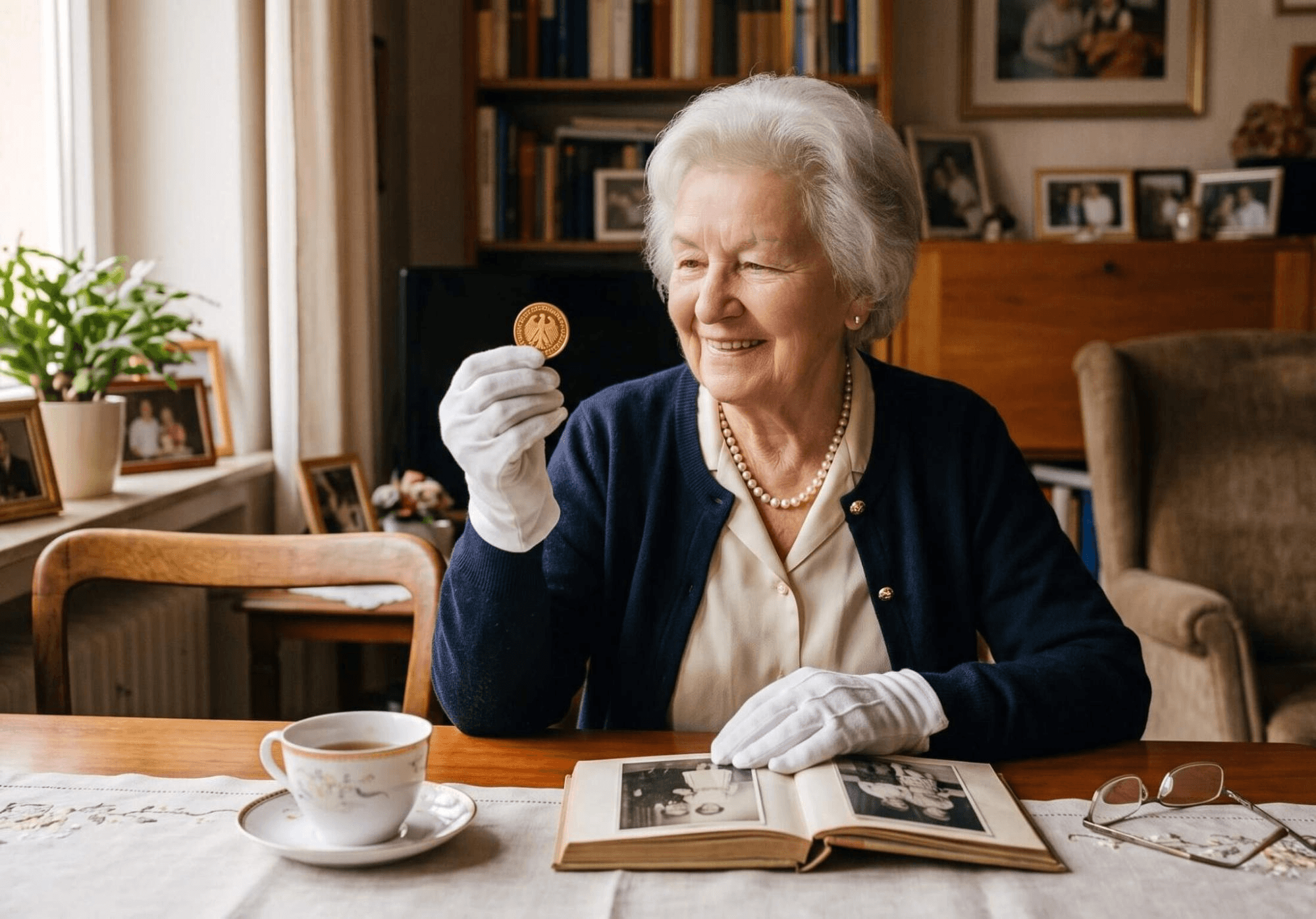 Alte Frau hält DM Goldmünze in der Hand