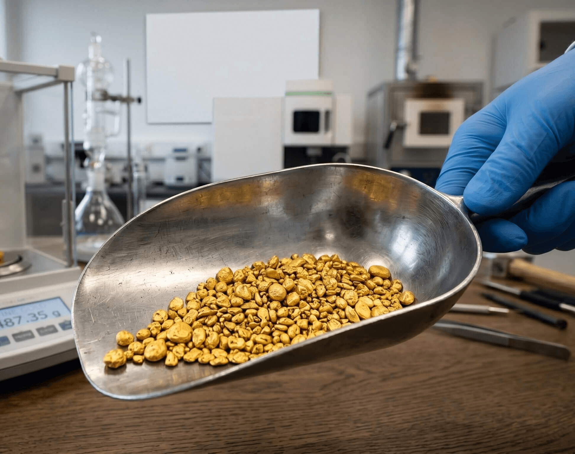 Goldgranulat wird abgewogen