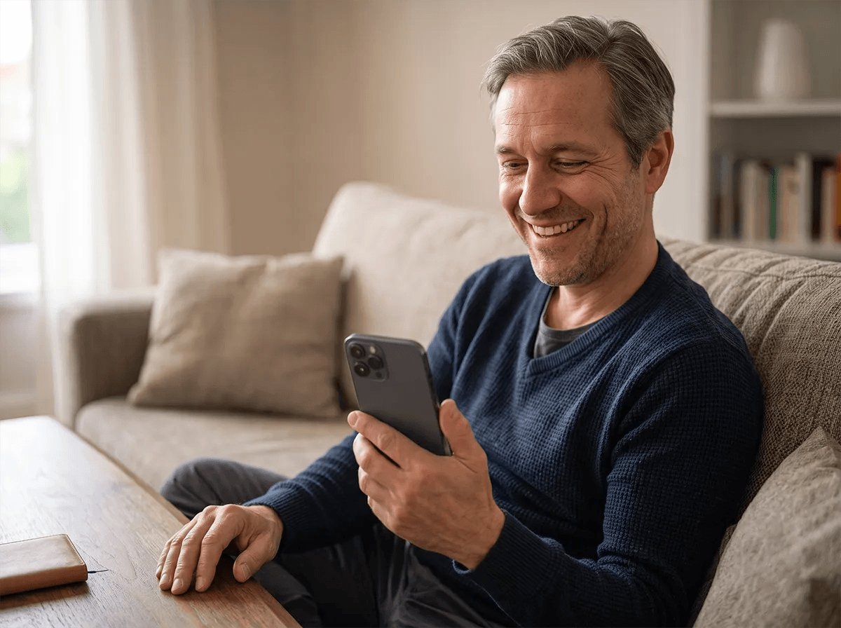 Mann verkauft Goldtafel online am Smartphone