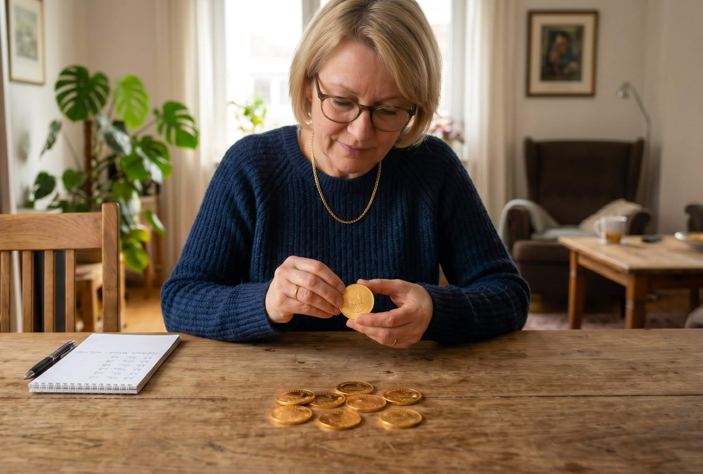 Krügerrand verkaufen: Frau begutachtet goldene Münze mit Krügerrand.